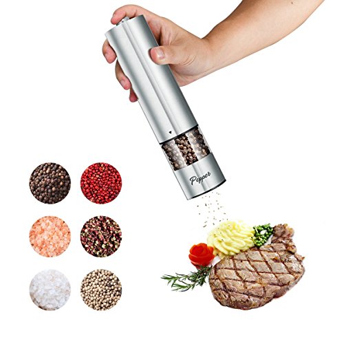 Premium Electric Stainless Steel Salt and Pepper Grinder Set, Battery Operated Pepper Mill Shaker with Adjustable Coarseness & LED Light & Bottom Cap, Collapsible Funnel Include - Thumbnail 5