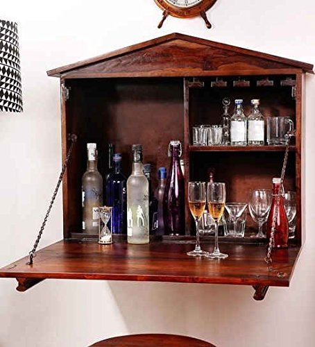 Green Wood Stylish Bar Cabinet with Wine Glass Storage for Living Room | Walnut Finish