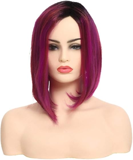 Amazon Co Jp ウィッグウィッグ女性ボブヘッドグラデーションカラーショートストレートヘア高温リアルシルクヘアセット合成ファッションウィッグ ピンクパープル ナチュラルウィッグ ホーム キッチン