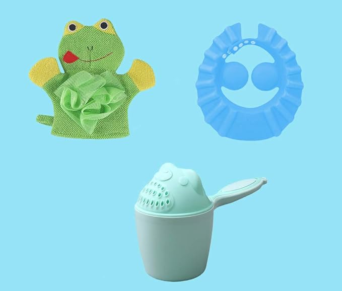 SYGA 1 Green Baby Rinser,1 Blue Shampoo Shower Bath Cap,1 Green Frog Face Cartoon Bathing Gloves