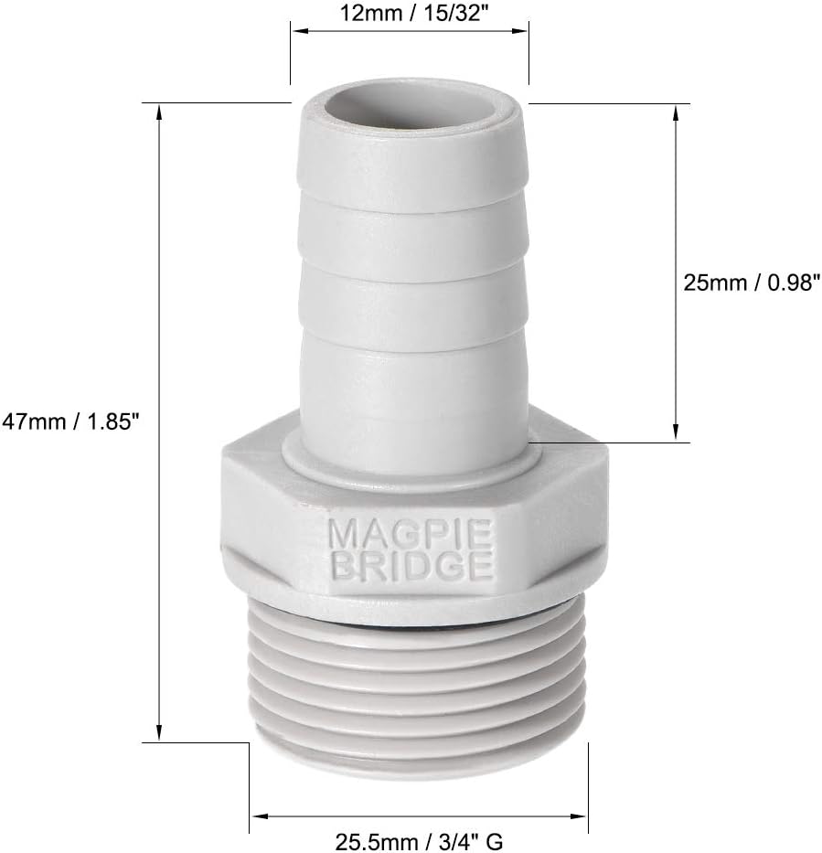 sourcing map PVC Barb Hose Fitting Connector Adapter 12mm or 15/32" Barbed x 3/4" G Male Pipe 6pcs, Grey, 15/32" x G3/4 - Image 3