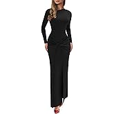 Mojessy Women Bodycon Maxi Dress Sexy Mock Neck Ruched Long Sleeve Long Dress Cocktail Party Dresses