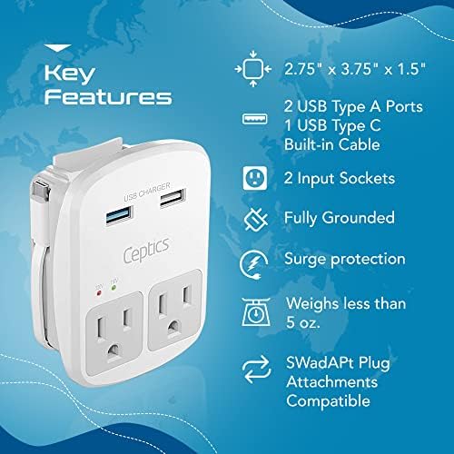 Ceptics 35W Universal Travel Adapter Kit – 2 USA sockets, USB-A, USBC, 1x PD 35W USB-C and USBC Cable, Surge Protected, Plugs for EU, UK, China, AU, Japan - for Laptop, Phone, Camera-ETL Tested