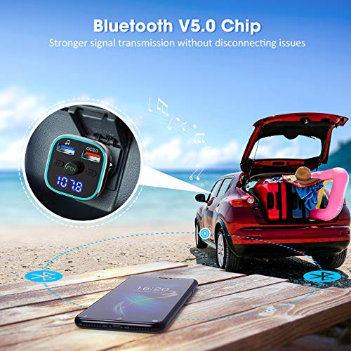 VT FM Transmitter for Car, Bluetooth 5.0 Car Radio Audio Adapter with QC3.0 Quick Charge & 6 RGB Colorful Light, MP3 Player Car Charger Support Hands-Free Calling, USB Drive, TF Card,Black