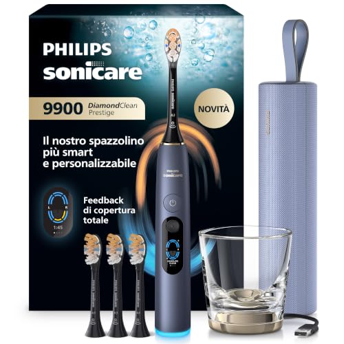 Philips Sonicare Next-Generation DiamondClean 9900 Prestige Spazzolino elettrico - con SenseIQ, Feedback di copertura totale, Feedback di pressione, 24 impostazioni, blu tempesta, HX9815/98