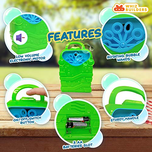 WhizBuilders Bubble Machine with Bubbles Solution Durable Bubble Blower for Boys and Girls - Indoor and Outdoor Bubble Maker for Kids