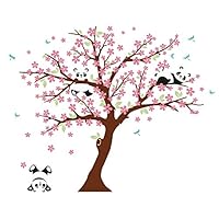 LUCKKYY Three Playful Pandas Bear on Cherry Blossom Tree Wall Decal Tree Wall Sticker Nursery and Children