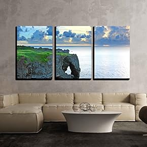 3 Piece Canvas Wall Art - Sunset with Rock, Okinawa, Manzamo - Modern Home Art Stretched and Framed Ready to Hang - 16"x24"x3 Panels