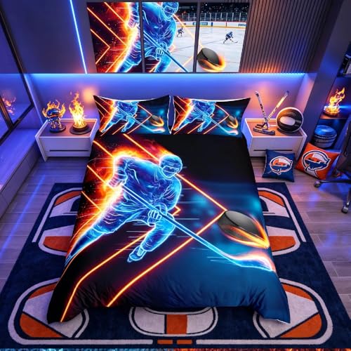 Homemissing Ice Hockey Bedding Set Hockey Player Comforter Cover for Kids Adult Sports Event Duvet Cover Winter Sports Hobby Bedspread Cover Bright 3Pcs With 2 Pillow Case Double Size