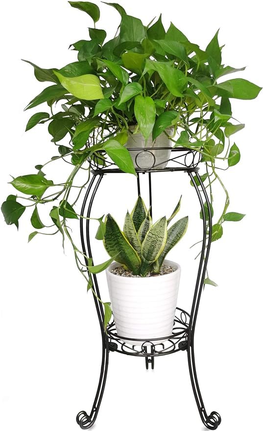TREEZITEK 2 Tier 28.4inch Height Metal Plant Stand Flower Pot Stand Rack Display,Black