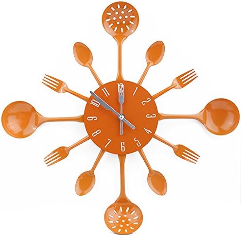 Kitchen Cutlery Wall Clock 3D Removable Modern Creative Spoon Fork Wall Clock Mirror Wall Decal Wall Sticker Room Home Decoration (orange)