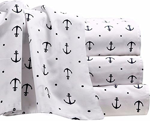 Prime Home Decor 100% Soft and Smooth Polyester Ship Anchor Wrinkle Resistant Bedding Sheet Set with 2 Pillow Cases (King, White/ Navy Blue)