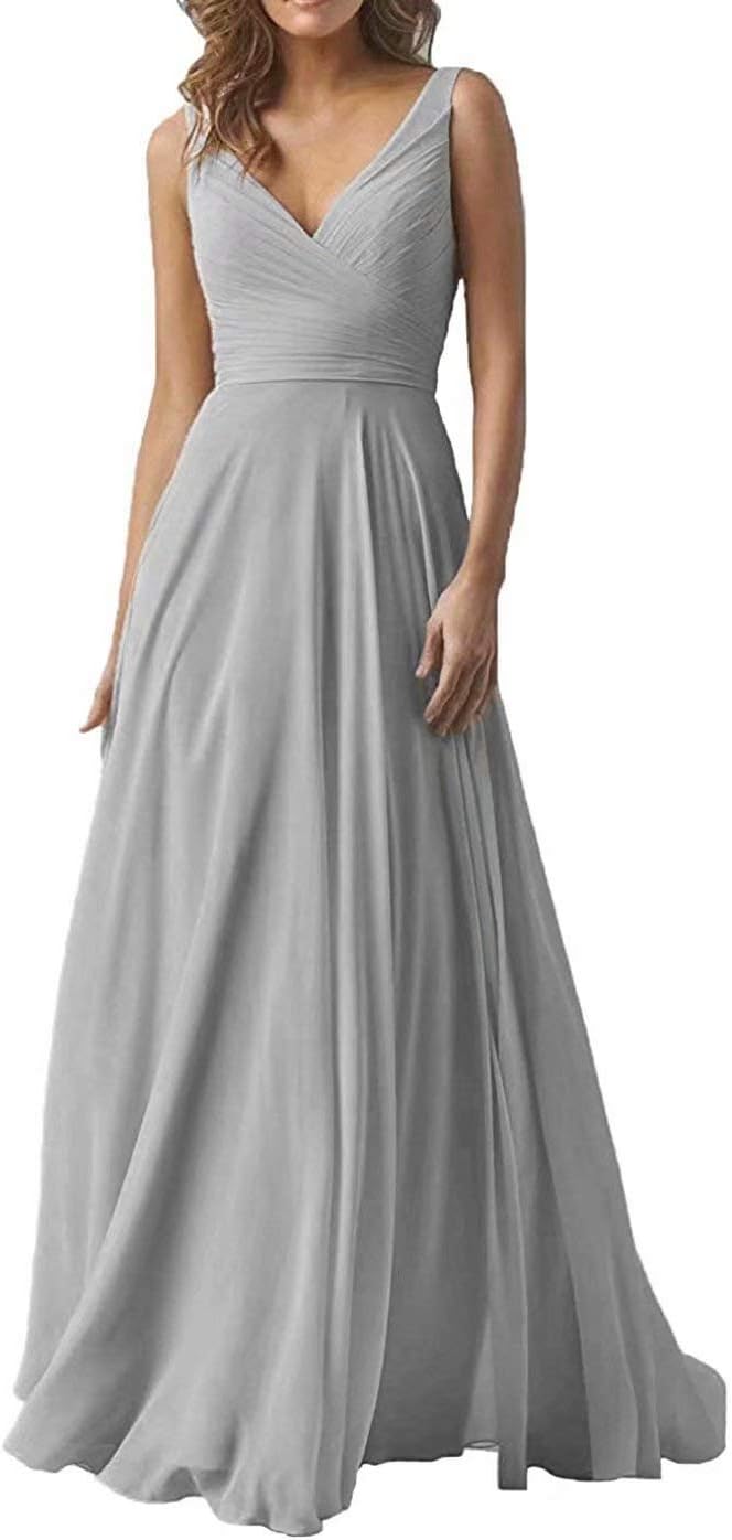 EEFZL Women's Double V Neck Bridesmaid Dress Long Chiffon Prom Evening Juniors Graduation Gowns