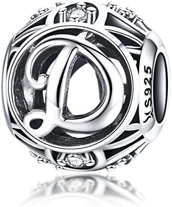 925 Sterling Silver Alphabet Letter D Charms Initial Crystal Cubic Zirconia Charms Birthstone Beads for Bracelets Necklaces