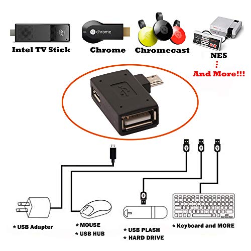 AuviPal 2-in-1 Powered Micro USB OTG Adapter 90 Degree Right Angled with Micro USB Power Charging Port for Streaming TV Stick, S/NES Classic Mini, Sega Genesis, Android Phone or Tablet - 2 Pack