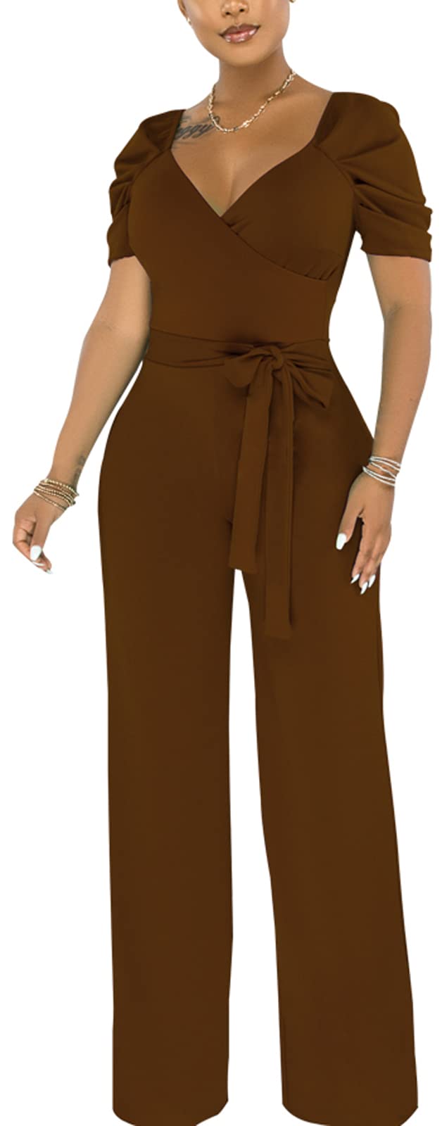 Photo 1 of (large) (used/fair) Sexy Plus Size  L Party Jumpsuit for Women Elegant Deep V Neck Short Sleeve Wide Leg Pants Loose Formal Long Straight Rompers with Belt Brown