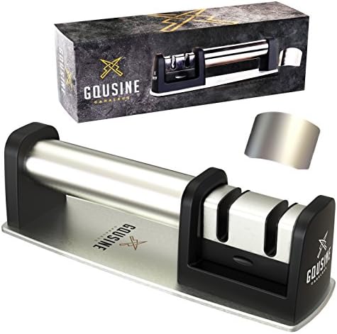 GQusine Knife Sharpener + Finger Guard Protector Set Stainless Steel - Black 2 Stage - Tungsten Steel and Ceramic Rod Sharpening System for all Kitchen Knife Sizes
