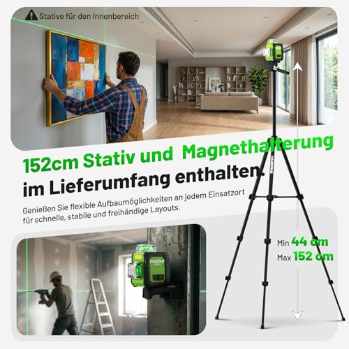 Huepar Kreuzlinienlaser 360 grün, Kompakt wiederaufladbar Laser Wasserwaage mit 152 cm Stativ, Professioneller 3D-Nivelliergerät mit starker Magnethalterung für Bauarbeiten ST03CG