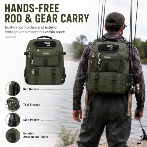 Baitium Fishing Backpack, Tackle Bag With Rod Holders, 40L Capacity With Cooler, Rain Cover, Insulated Pocket, 4 Tackle Trays Included (Green)