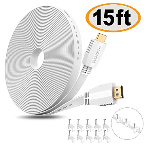 HDMI Cable Flat 15 ft, High Speed(4K 60Hz) Hdmi 2.0 Cord, 2160p HD 1080p 3D/4K Video/Ethernet/Audio Return Channel for Fire TV, Apple TV, Blue ray Players, PS4, PS3, Xbox One, Xbox 360 - White