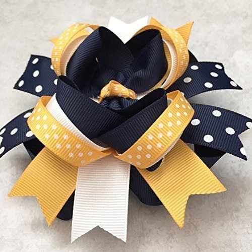 Navy Yellow Gold White Hair Bow, Handmade Navy Yellow White School Uniform Hair Bow, Private School Uniform Hair Clip