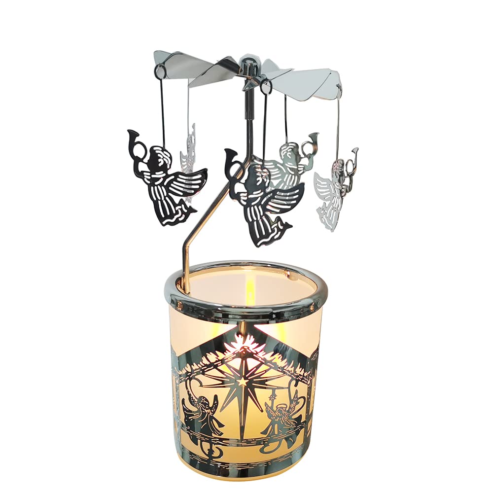 kingnero carousel candle rotary candle hodle spinning candleholder metal windmill rotation tealight Candlestick (silver angel)