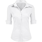 HOTOUCH Womens 3/4 Sleeve Button Down Shirt Slim Fit Work Blouses Cotton Dress Shirts Office Tops