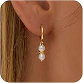 Robaice Gold Pearl Dangle Earrings for Women, 14K Gold Plated Small Pearl Drop Huggie Hoop Earrings, Hypoallergenic Dainty Gold Earrings Wedding Jewelry Gifts for Women Trendy