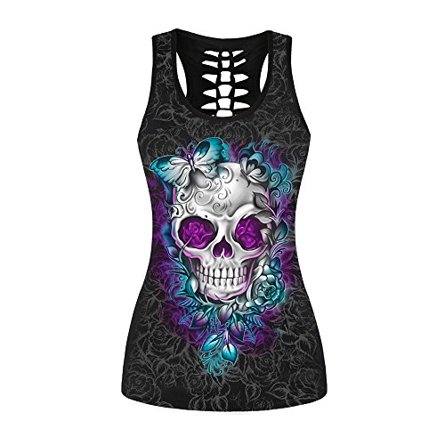 F_topbu Clearance Women Tank Crop Tops Teen Girls Floral Printed Hollow Out Sleeveless Blouse Cami Shirt Camisoles (XL)