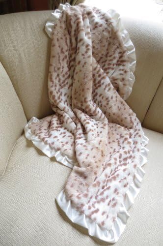 Snow Leopard Fur Baby Blanket w/Ivory Satin Ruffle Trim