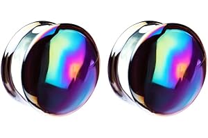 Pierced Owl Front Facing Metallic Rainbow Oil Slick Glass Saddle Plugs, Sold as a Pair (8mm (0GA))