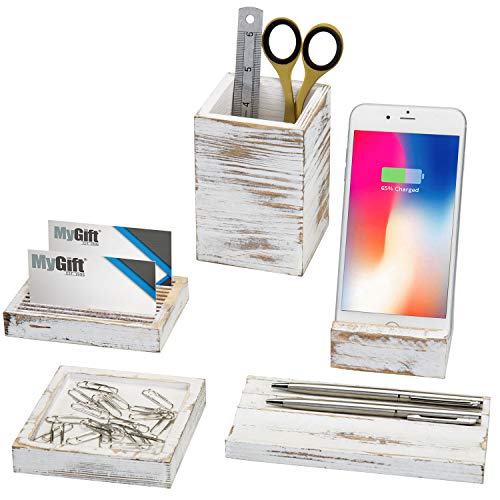MyGift 5Piece Vintage White Washed Wood Office Desk Supply Holder Set