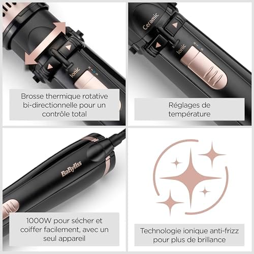 Brosse soufflante rotative Dry, Straighten and Style - Pour sécher, lisser et mettre en forme, Fonction ionique, Avec 4 accessoires interchangeables, Noir, AS200E