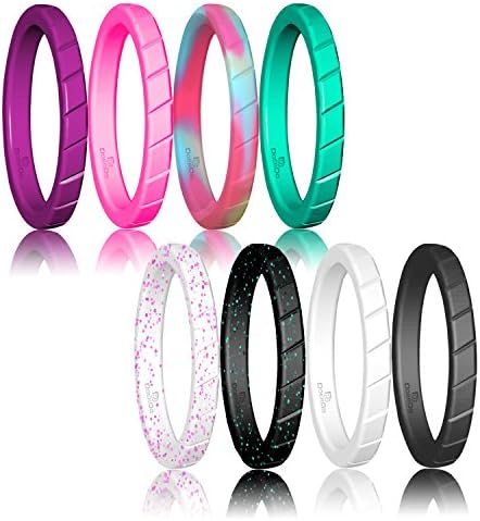 Thin Silicone Wedding Ring Stackable ring For Women By DoerDo, Affordable Rubber Wedding Bands For Active Style - 6 &amp; 8 Rings Pack