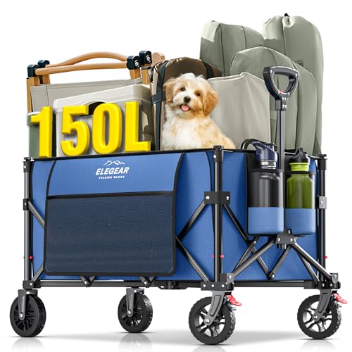 Elegear Folding Beach Cart with Wheels 150L, Folding Garden Cart with Adjustable Handle and Cup Holder, Foldable Transport Cart for Camping Shopping Sports, Blue