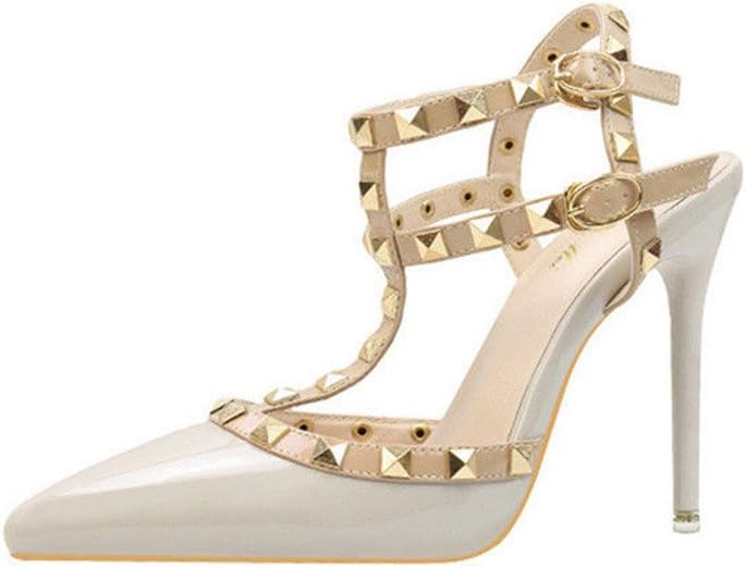Manyis Sexy Women Party Shoes Buckle Rivet T-Strap Lady Stiletto Pointed-Toe High Heels