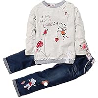 Thrivqyaf Little Girls Cute Long Sleeve Cartoon Shirt and Jeans Pants Outfit Set (2T, Style 1)