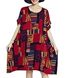ELLAZHU Women Summer Loose Plus Size Plaid T-Shirt Dress GA622 Red, One Size