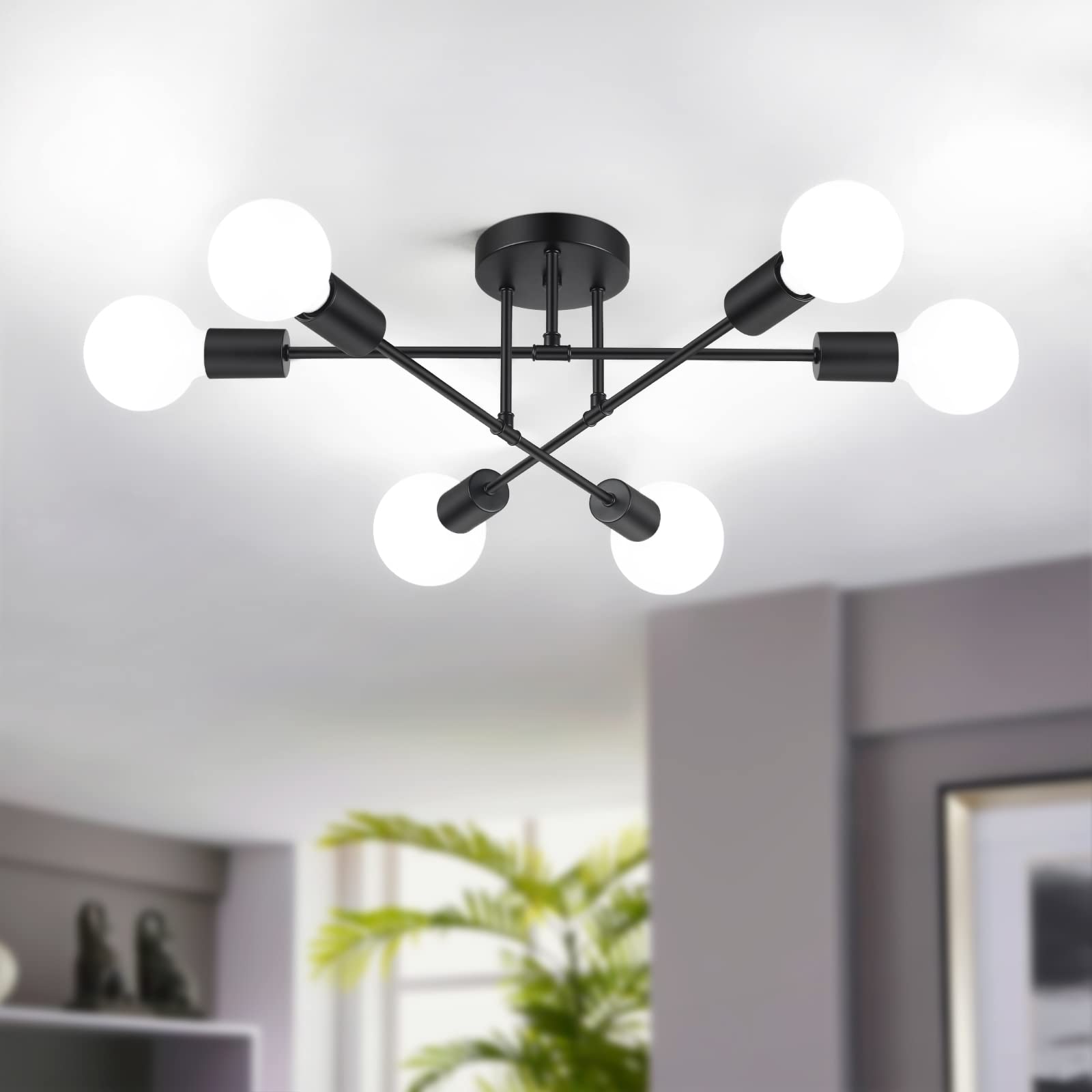 Photo 1 of Modern Sputnik Chandelier 6-Light Industrial Ceiling Lights Fixture 22" Black Semi Flush Mount Ceiling Light with E26 Base Sputnik Lights Fixture for Dining Room Bedroom Foyer Hallway Living Room