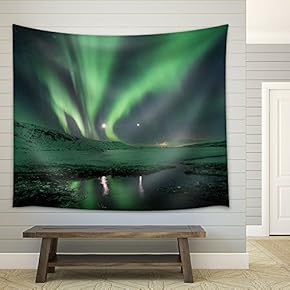 Green Northern Lights Over Mountain Covered with Snow - Fabric Wall Tapestry Home Decor - 51x60 inches
