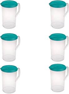 Sterilite 1-Gallon Round Plastic Pitcher and Spout, Clear w/Color Lid (6 Pack)