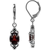 Silvershake 8X6mm Oval Shape Birthstone Gemstone Antique Finishing or Yellow Gold Plated 925 Sterling Silver Balinese Style Leverback Dangle Earrings Jewelry for Women