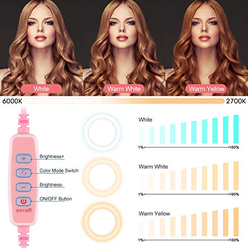 KINGOAL 6.3 inch Foldable Ring Light with Tripod Stand and Phone Holder, Portable Makeup Dimmable Ring Lights with Mirror, 3 Light Modes for Live Stream, Make-Up, YouTube, Tiktok (Pink)