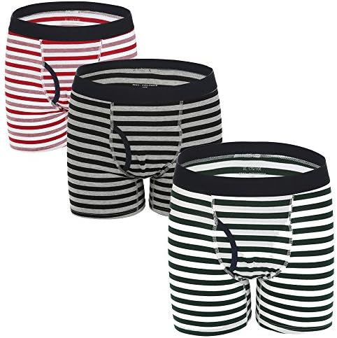 Kuilleckt Men's Boxer Briefs Cotton Striped Underwear with Front Fly Long Leg Underwear 3-Pack (UD08,3 Pack (Assorted Colors), Medium(32"-34" Waist Tag 2XL))