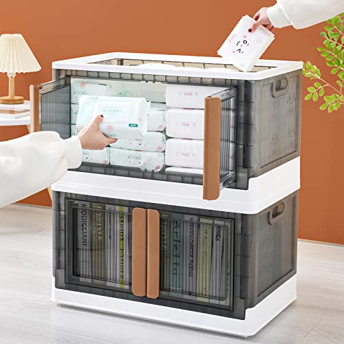 Keqin 3 Pack Collapsible Storage Bins with Lids & Wheels, Large Capacity Plastic Toy Storage Container, Multi Layered Transparent Organizer Box for Home Office Trunk Outdoor, 19 Gal