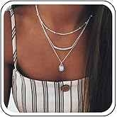 Erimberate Bohemian Layered Opal Pendant Necklace Silver Curved Bar Choker Necklace Multi Layered Moonstone Necklace Station Bead Chain Necklace Horizontal Tube Necklace Jewelry for Women