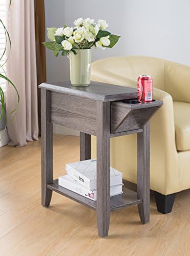Top Modern Chairside Table ,End Table With Two Cup Holder,One Drawer &amp; One Shelf (Dark Taupe)