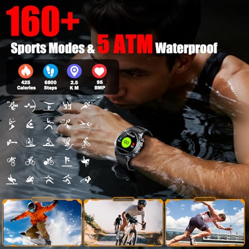 Smart Watch for Men Answer/Make Calls, 1.43" AMOLED Military Smart Watch with GPS/Torch/Compass/Altitude/Heart Rate/Health Monitor/Blood Oxygen, 5ATM Waterproof, 160+ Sports Smartwatch for iOS Android