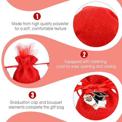30 Pieces Fabric Gift Bags with 30 Pieces Graduation Hat Pendant Jute Bags Drawstring for Graduation Party Red