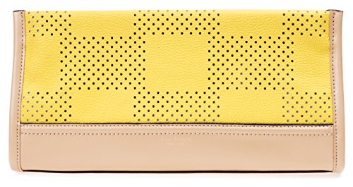 Isaac Mizrahi Womens Fashion Designer Handbags Kay Leather Check Perforated Clutch Canary Yellow